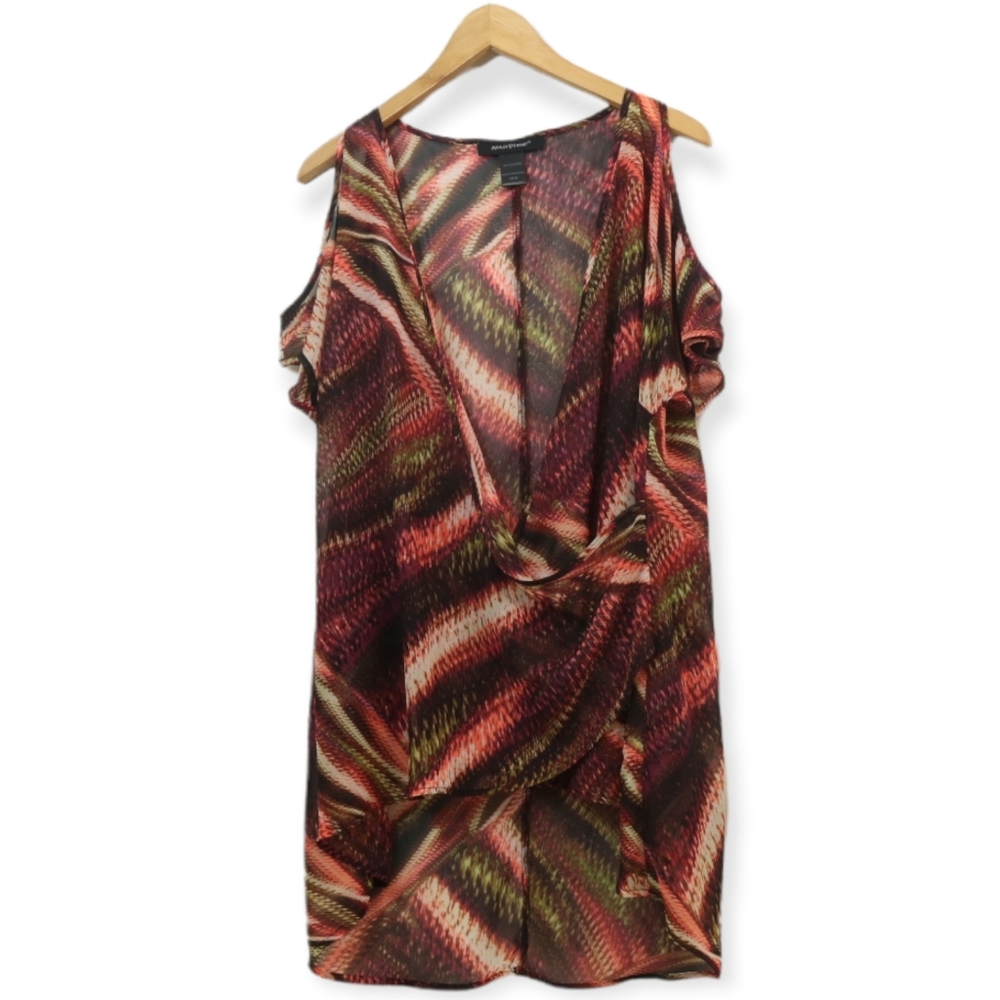 Ashley Stewart Chiffon Printed Crossover Cold Shoulder Top